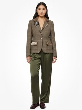 J Jill Blazer Jacket 12 Houndstooth Wool Blend Velvet Trim Boho Flower Child Y2K